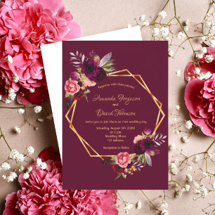 Burgundy florals gold geometric boho wedding invitation