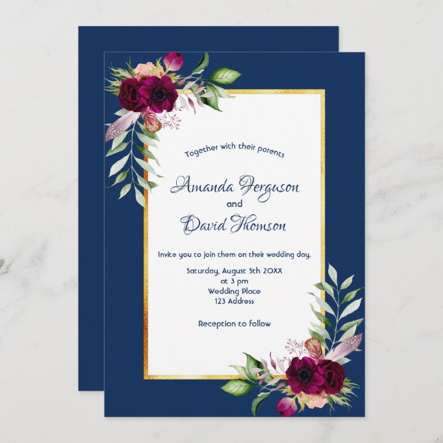 Burgundy florals gold greenery boho blue wedding invitation (Front/Back)