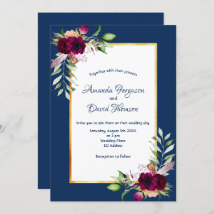 Burgundy florals gold greenery boho blue wedding invitation