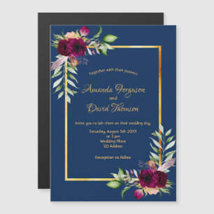 Burgundy florals gold greenery boho blue wedding magnetic invitation