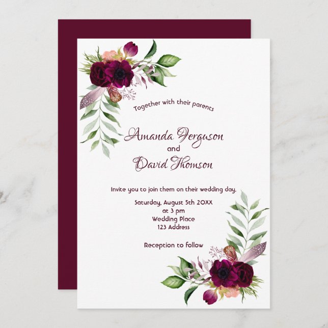 Burgundy florals gold greenery boho wedding invitation (Front/Back)