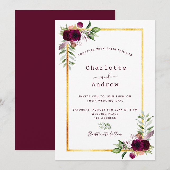 Burgundy florals gold greenery boho wedding invitation (Front/Back)