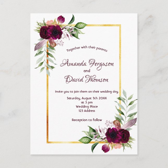 Burgundy florals gold greenery boho wedding postcard (Front)