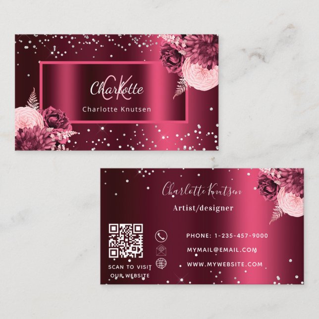 Burgundy florals monogram elegant QR code Business Card (Front/Back)