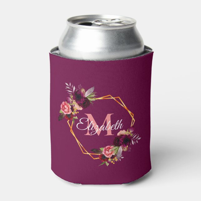 Burgundy florals roses gold geometric monogram can cooler (Can Front)