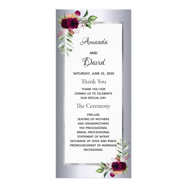Burgundy florals silver wedding program rack card (Front)