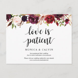 Burgundy Florals, Wedding Invitation Postponed Postcard