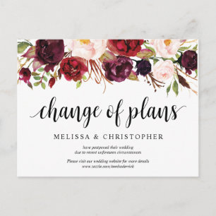 Burgundy Florals, Wedding Invitation Postponed Postcard