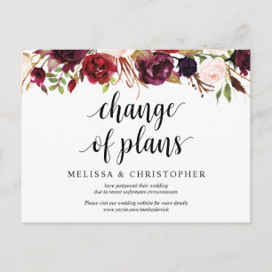 Burgundy Florals, Wedding new plan Postponed Postcard