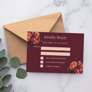 Burgundy florals wedding response RSVP Card