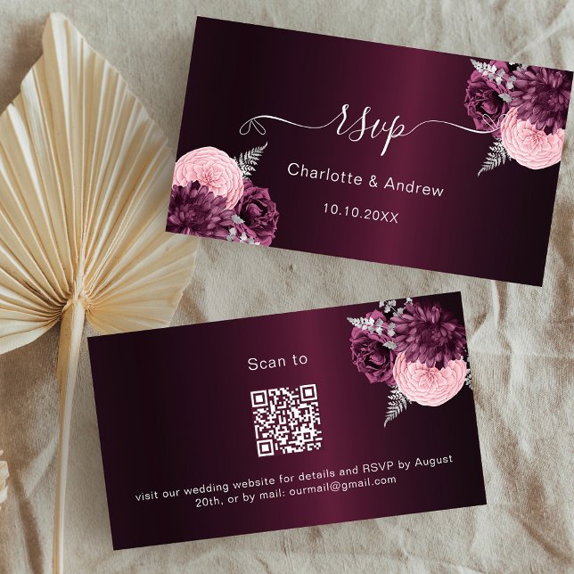 Burgundy florals wedding website RSVP QR code Enclosure Card (Creator Uploaded)