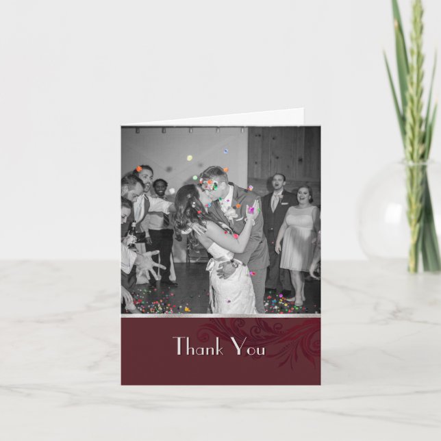 Burgundy Flourish Custom Photo Thank You Card (Front)