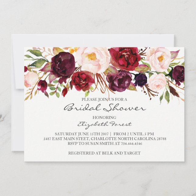 Burgundy flower bridal shower invitation (Front)