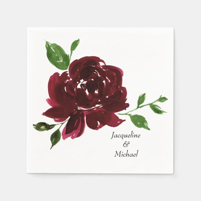 Burgundy Flower Custom Couple Names Wedding  Napkin (Front)