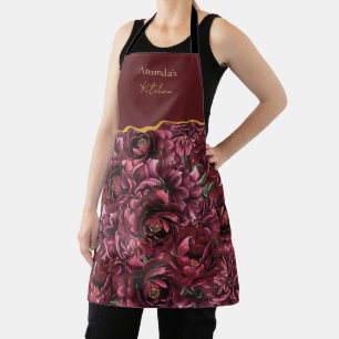 Burgundy Flower Elegance with Gold Accent Apron