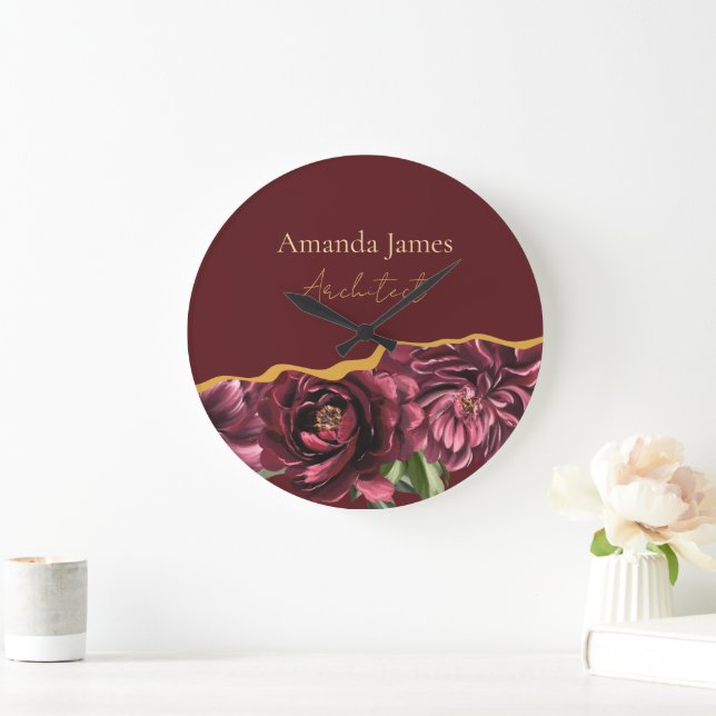 Burgundy Flower Elegance with Gold Accent Large Clock (Home)