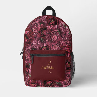 Burgundy Flower Elegance with Gold Accent Printed Backpack