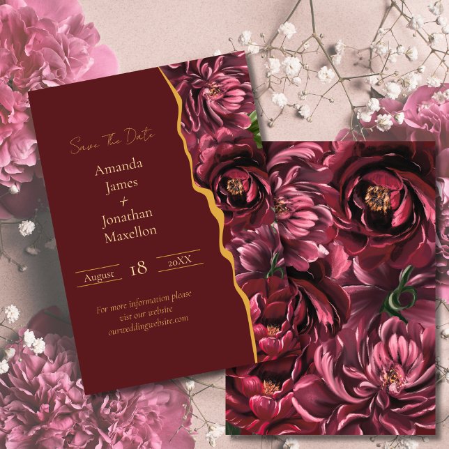 Burgundy Flower Elegance with Gold Accents Wedding Save The Date (Creator Uploaded)