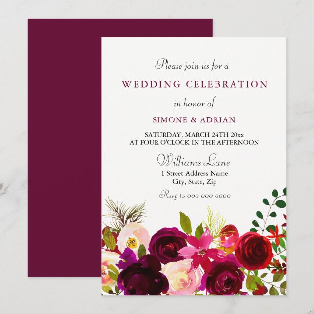 Burgundy Flower Floral Elegant Wedding Celebration Invitation (Front/Back)