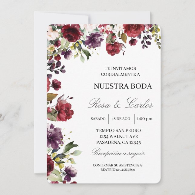 Burgundy flower frame Spanish Wedding Invitation (Front)
