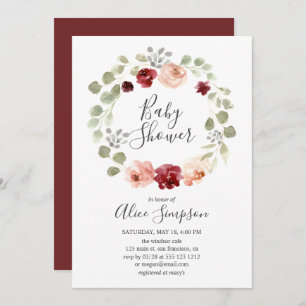 Burgundy Flower Greenery Eucalyptus Baby Shower Invitation