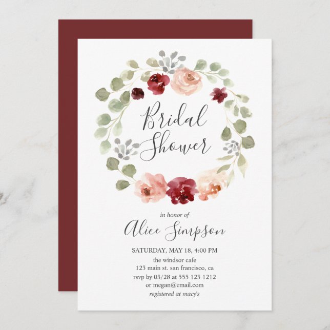 Burgundy Flower Greenery Eucalyptus Bridal Shower Invitation (Front/Back)
