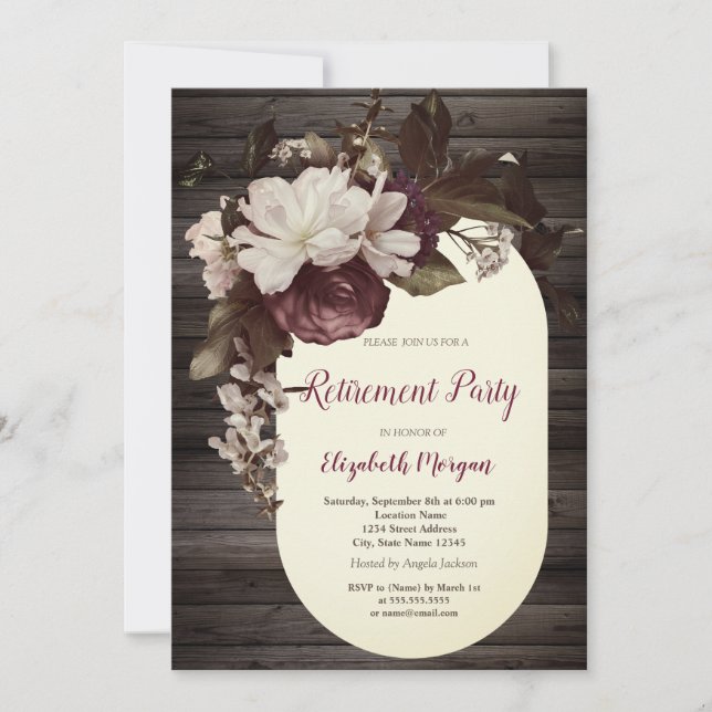 Burgundy Flower Roses Wood Retirement   Invitation (Front)