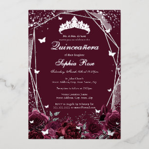 Burgundy Flower Tiara Silver Quinceanera