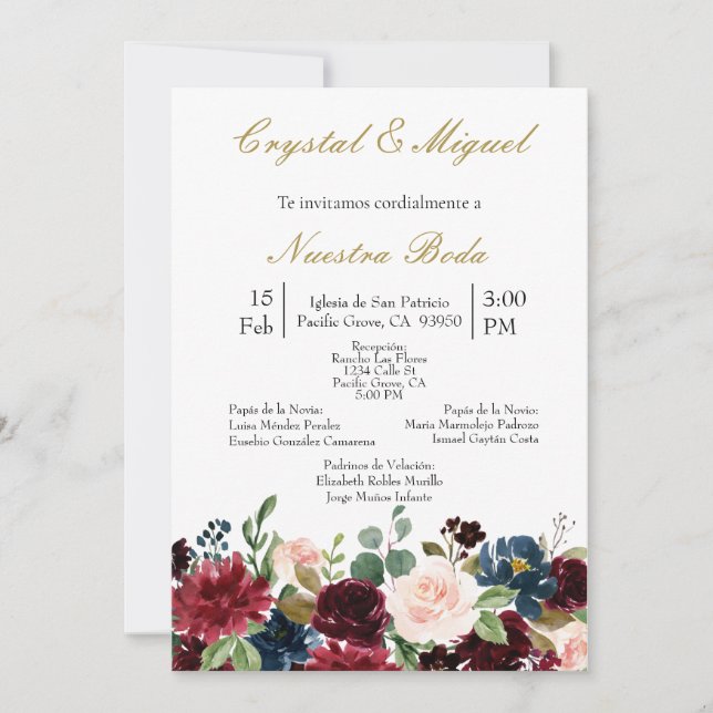 Burgundy flower wedding invitation  (Front)