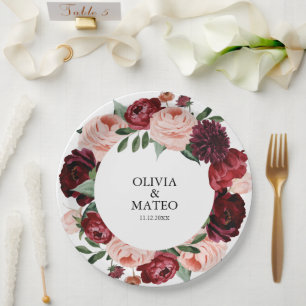 Burgundy Flower Wedding Personalised Paper Plate