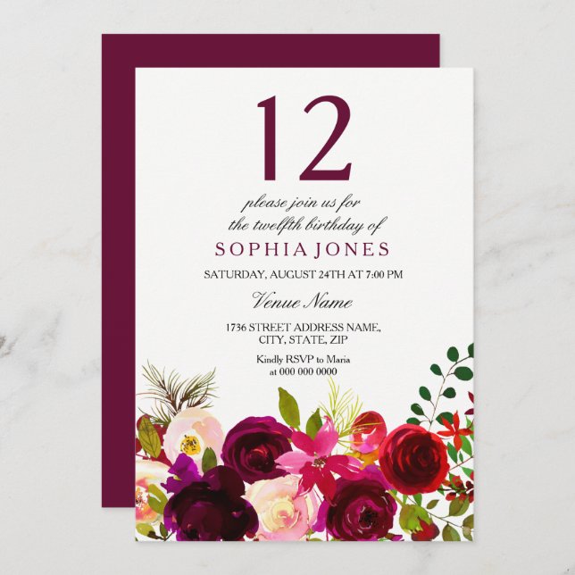 Burgundy Flowers 12th Birthday Party Invite (Front/Back)