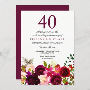 Burgundy Flowers 40th Wedding Anniversary Invite