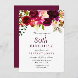Burgundy Flowers 80th Birthday Party Invitation