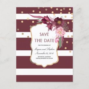 Burgundy Flowers and Gold Confetti Save the Date Announcement Postcard