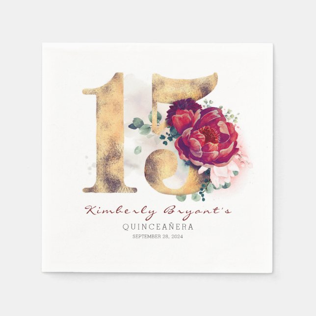 Burgundy Flowers and Gold Typography 15th Birthday Napkin (Front)