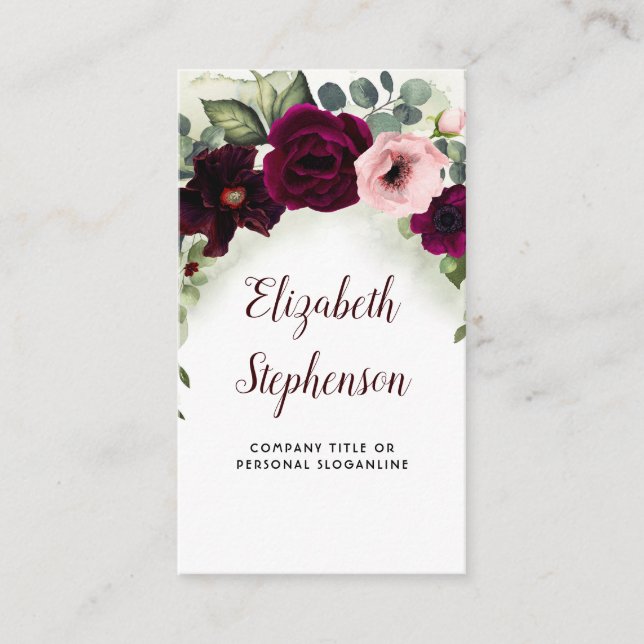 Burgundy Flowers and Greenery Garland Elegant Boho Business Card (Front)