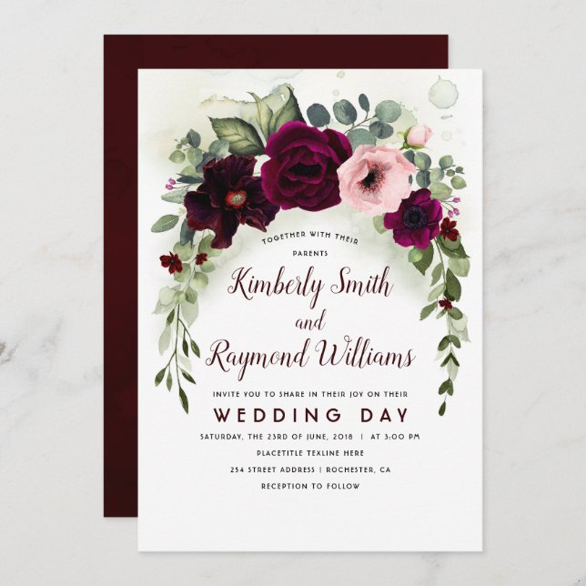 Burgundy Flowers and Greenery Garland Wedding Invitation (Front/Back)