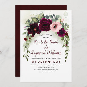Burgundy Flowers and Greenery Garland Wedding Invitation