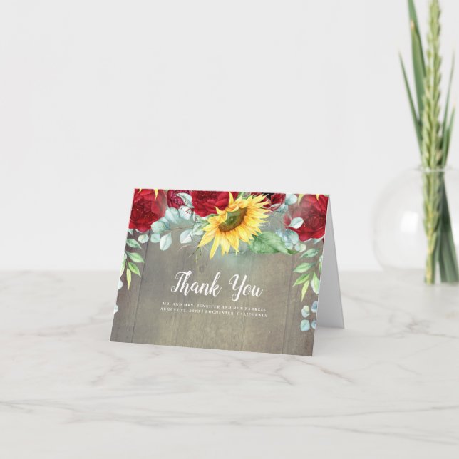 Burgundy Flowers and Sunflower Wedding Thank You Card (Front)