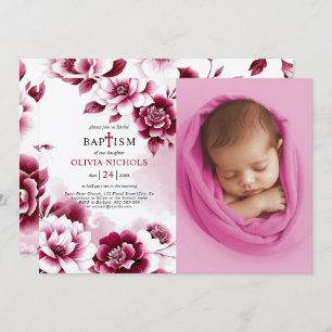 Burgundy flowers and watercolor girl Baptism photo Invitation