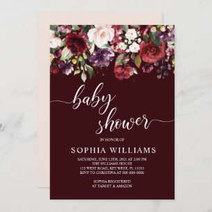 Burgundy Flowers Baby Shower Invitation