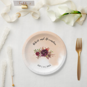 Burgundy Flowers Bridal Shower Wedding Reception Paper Plate