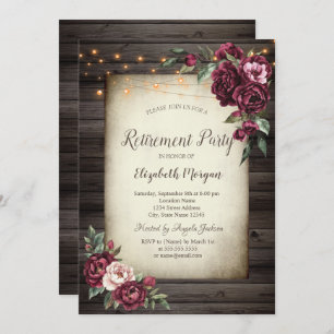 Burgundy Flowers Brown Wood Retirement Invitation