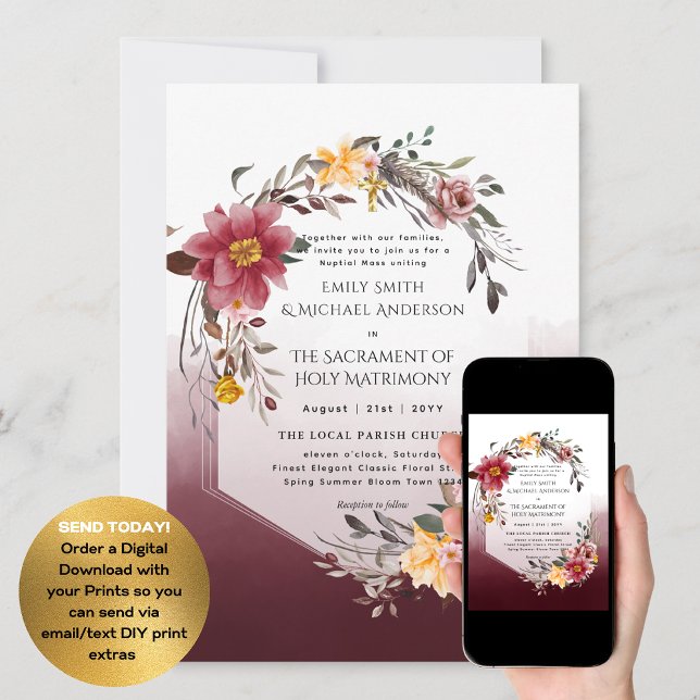 Burgundy Flowers  Catholic Nuptial Mass Wedding Invitation (Creator Uploaded)