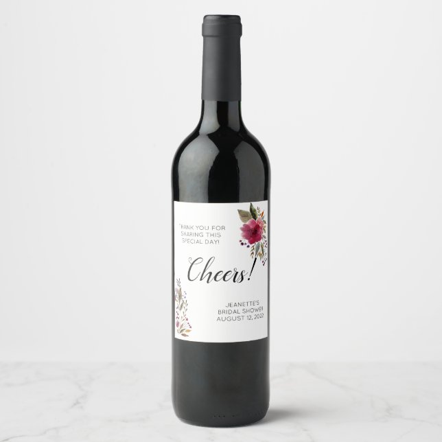 Burgundy Flowers Cheers Thank You Bridal Shower Wine Label (Front)