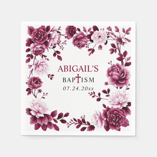 Burgundy flowers Chinoiserie floral girl Baptism Napkin (Front)