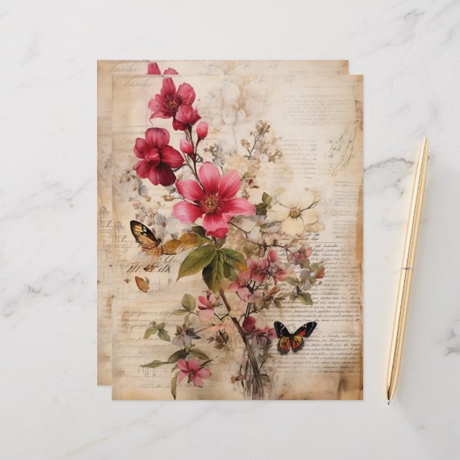 Burgundy flowers collage on worn look bakground (Front/Back In Situ)