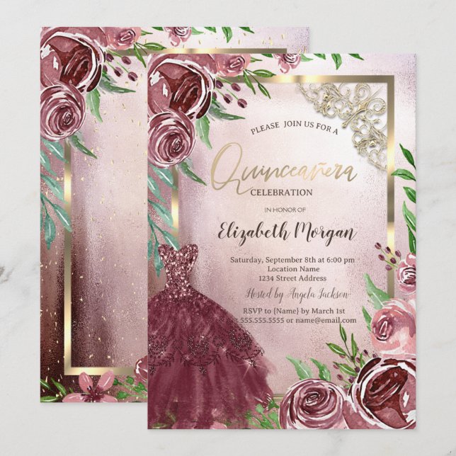 Burgundy Flowers Dress Gold Frame Quinceanera Invitation (Front/Back)