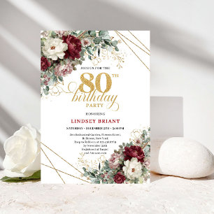 Burgundy Flowers Eucalyptus Gold 80th Birthday Invitation