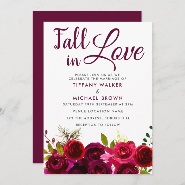 Burgundy Flowers Fall In Love Wedding Invitation (Front/Back)